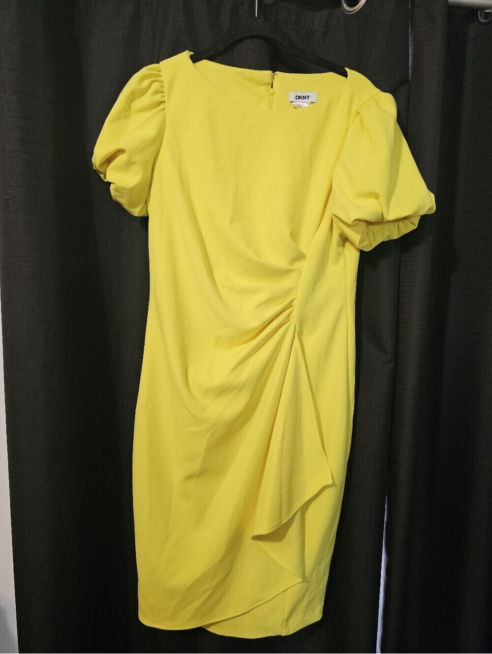 DKNY Bright Yellow Puff-Sleeve Draped Midi Dress